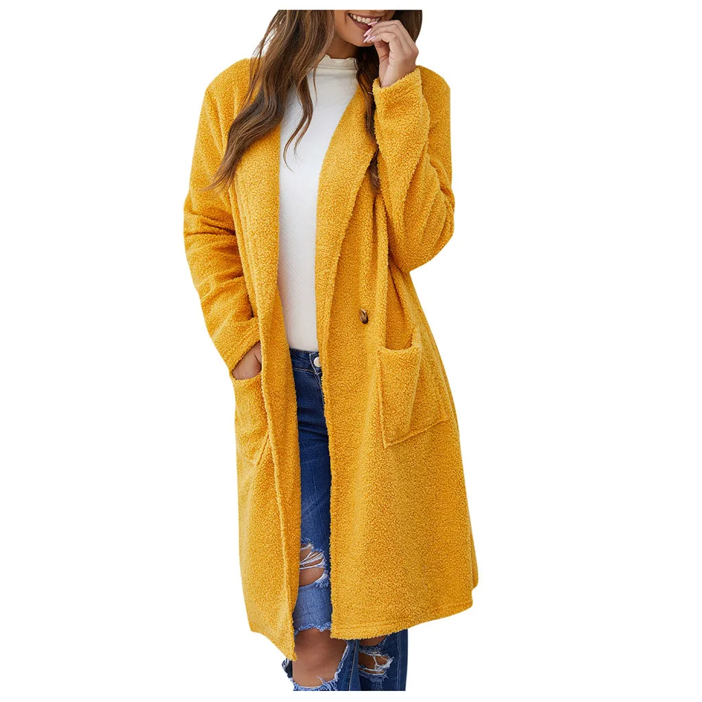 Цвет: желтый Spring Autumn Plus Size Wool Coat Women Loose Long Sleeved O-neck Medium Long Yellow Korean Coat Casacos - Цвет: Цвет: желтый