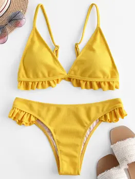 

ZAFUL Ruffle Ribbed Plunge Bikini Swimsuit