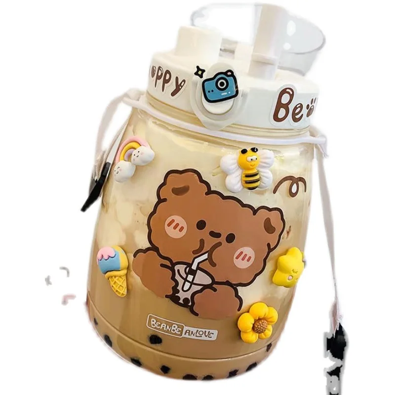 1300ml Kawaii Milk Tea Bear Bottle With Straw Outdoor Sport Large Capacity Plastic Drinking Water Bottle Double Drink Juice Cups 6