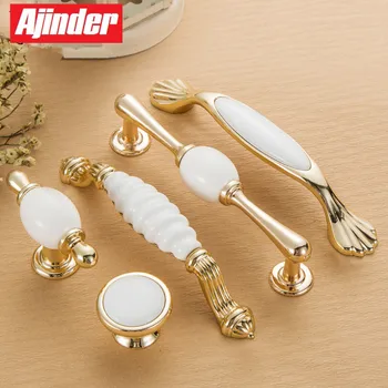 Luxury Gold With Ceramic Handles Wardrobe Drawer Pulls Kitchen Cabinet Knobs Furniture Handles Hardware Accessories