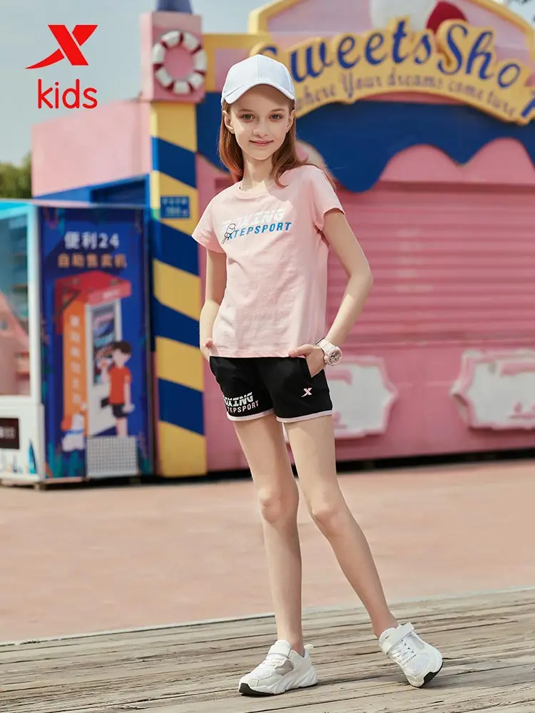 Xtep Summer Girls O-neck T-shirt Kids Casual Letter Pattern Short Sleeves Children Loose Sport Simple Tops 681224349114