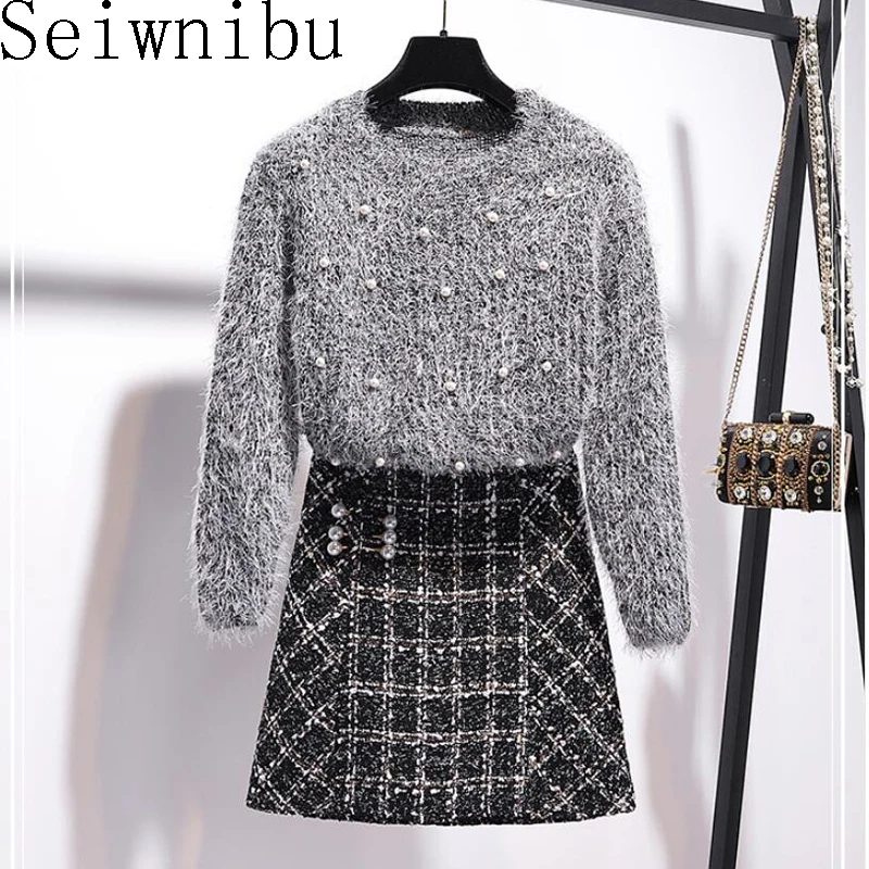 

2019 Autumn Winter Women Long Sleeves Beading Sweater Tops + Tweed Skirt 2 pcs sets Girls Casual Suits