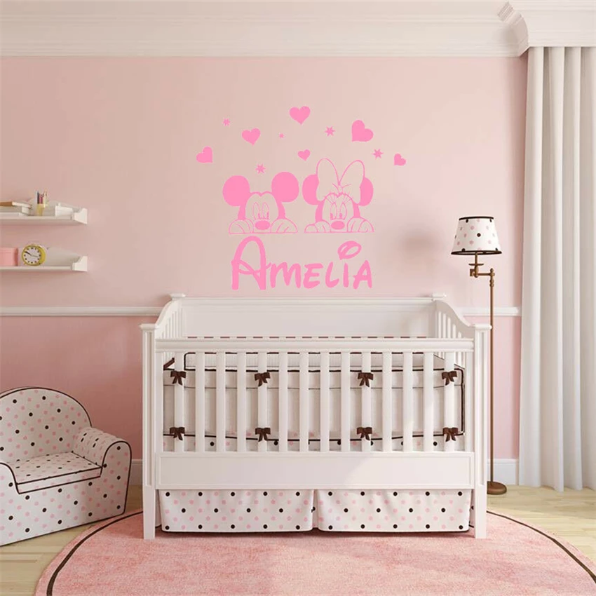 Disney Mickey Minnie mouse custom name wall stickers children's bedroom art decor baby kindergarten wall decals free shipping