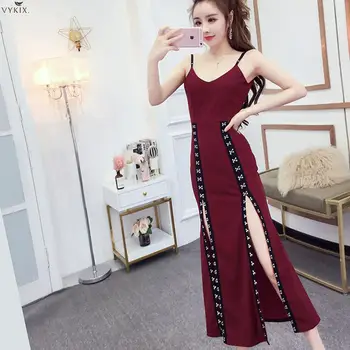 

Office Dress Sexy Clubwear Spaghetti Strap Bodycon Red Party Dresses Women Evening Sheath Backless Package Hips Split Maxi Dress