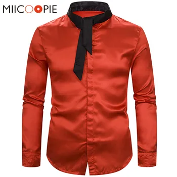 

Shirts Men Dress With Tie 2019 New Classic Preppy Style Slik Satin Long Sleeve Business Slim Fit Camisa Social Masculina S-XXL
