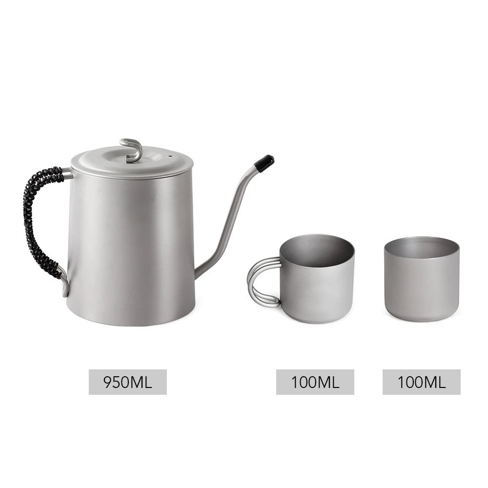 Ultralight 950ml Titanium Tea Kettle Long Narrow Spout Coffee Maker Pot Outdoor Camping Backpacking Outdoor Tableware