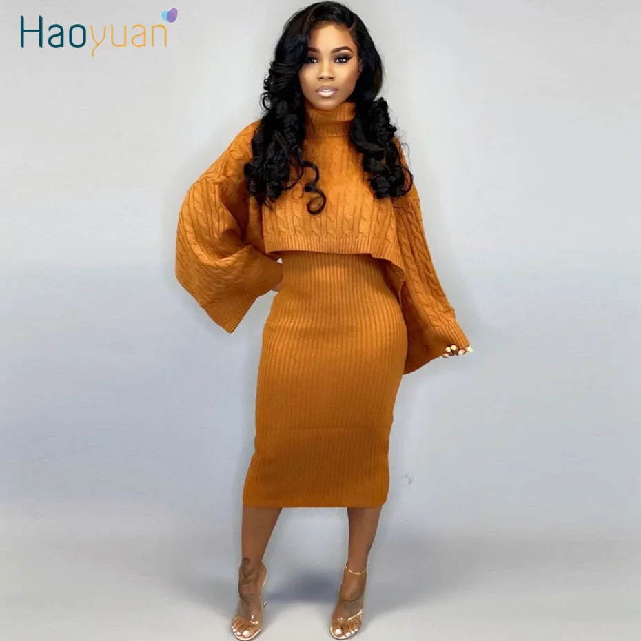 HAOYUAN Two Piece Set Women Plus Size Fall Winter Clothing Knit Turtleneck Sweater Top and Dress 2 Piece Outfits Matching Sets