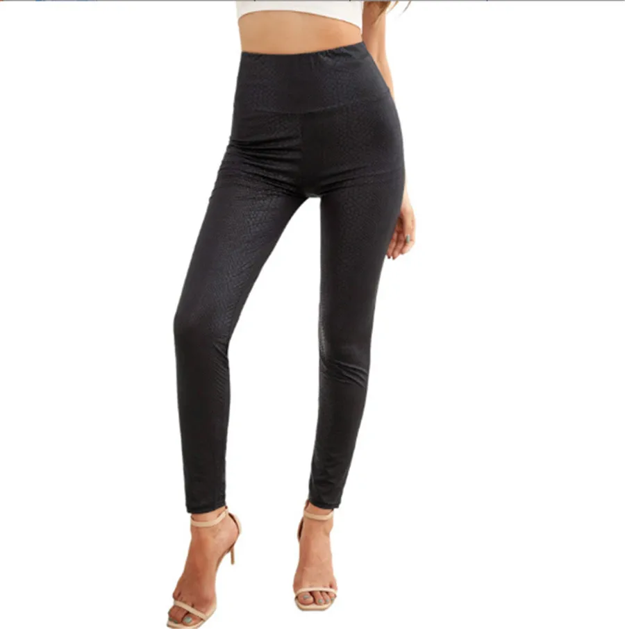 Faux Leather Leggings  Snake Print  Embossed Wide Waistband  Pattern Leopard Print Liquid Shine Tummy Control Yoga Pants ouc820