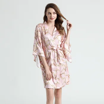 

Sexy Intimate Lingerie Nightdress Lady Kimono Bathrobe Gown Satin Print Sleepwear Nightgown Casual Home Dressing Gown Homewear