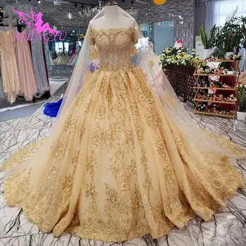 شراءAIJINGYU قوانغتشو الزفاف رخيصة زي العرائس القوطية جديد شراء في حجم كبير الذهب الملكي تول ثوب فاخر دبي