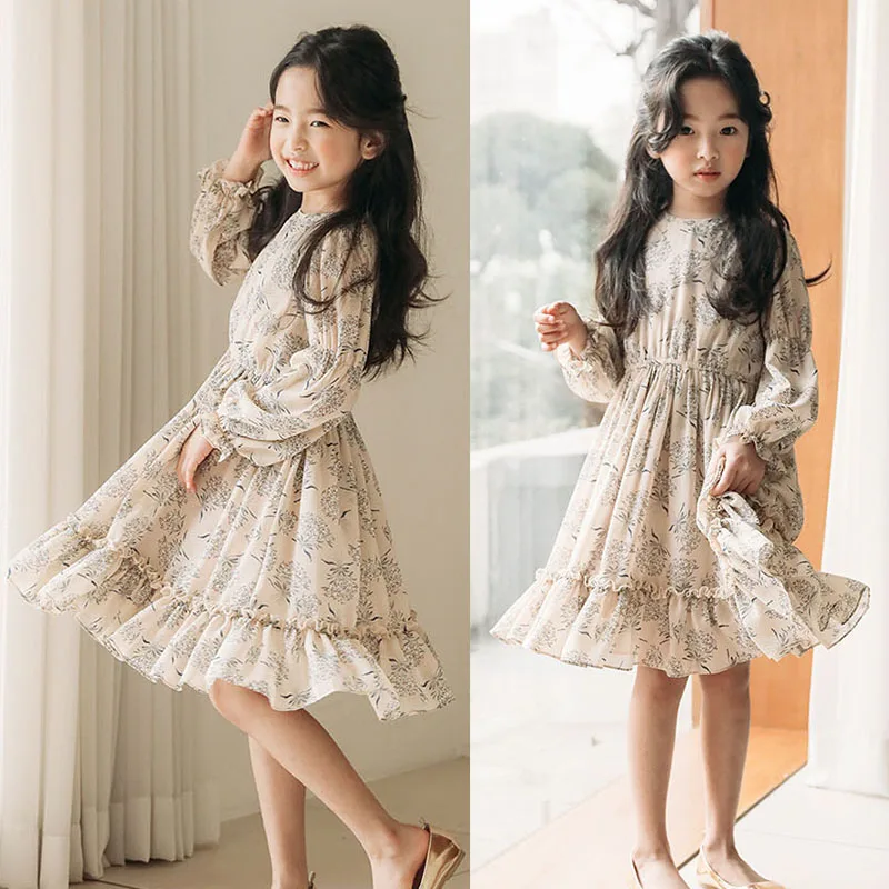 Chiffon Floral Pattern Dress For Girls Age 12 10 11 14 2 4 6 Years Old High Quality Children Dresses Kids Long Sleeve Clothes | Детская