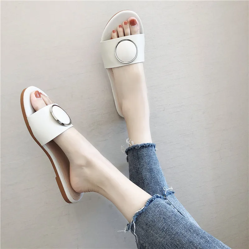 

Sandals Women's Outer Wear 2019 Summer New Style Online Celebrity round Buckle Simple Korean-style Sandals Retro Flat Sandals
