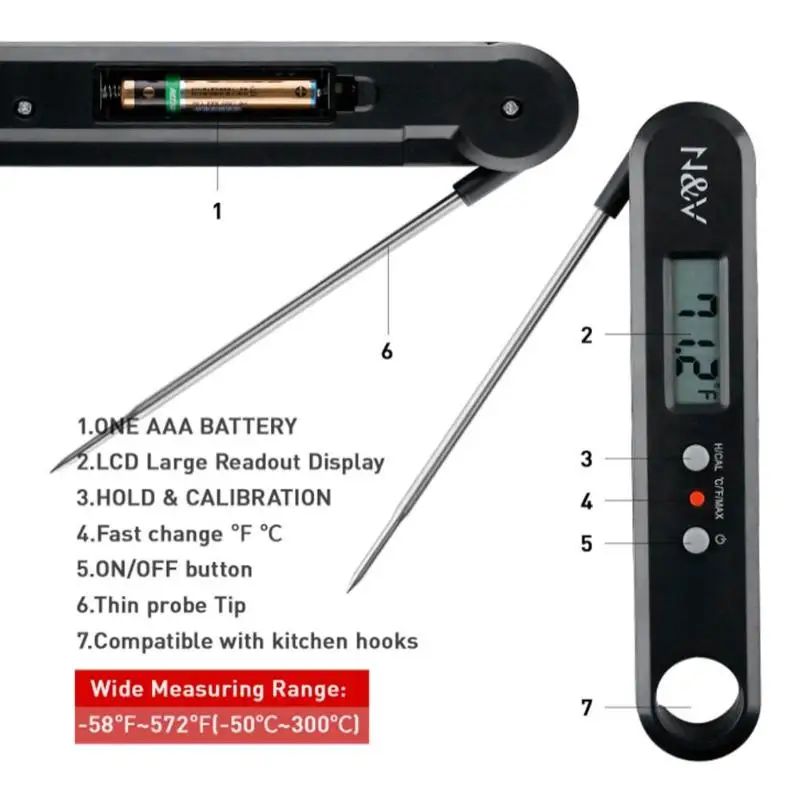 Складной цифровой термометр для мяса, беспроводной термометр для мгновенного чтения, Кухонный Термометр для приготовления пищи, Длинный зонд из нержавеющей стали для барбекю