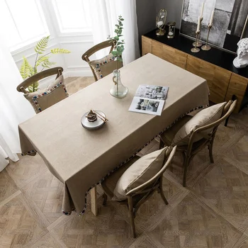 

Nordic Waterproof Tablecloth Imitation Cotton Embroidered Tassel Table Cloth Geometric Line Striped Rectangular Tea Table Cloth
