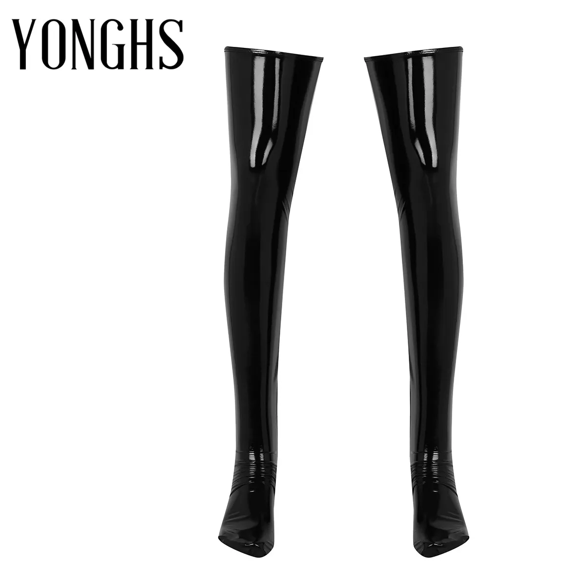 

1 Pair Black Mens Anti-skid Elasticity Wetlook Patent Leather Thigh High Footed Stockings Clubwear Costume Cosplay Accessory