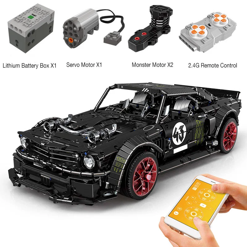 Радиоуправляемый 1965 Ford Mustang Hoonicorn гоночный автомобиль Technic MOC 22970 RTR V2 20102 строительный блок кирпичи комплект двигателя детские игрушки подарки - Цвет: with APP RC