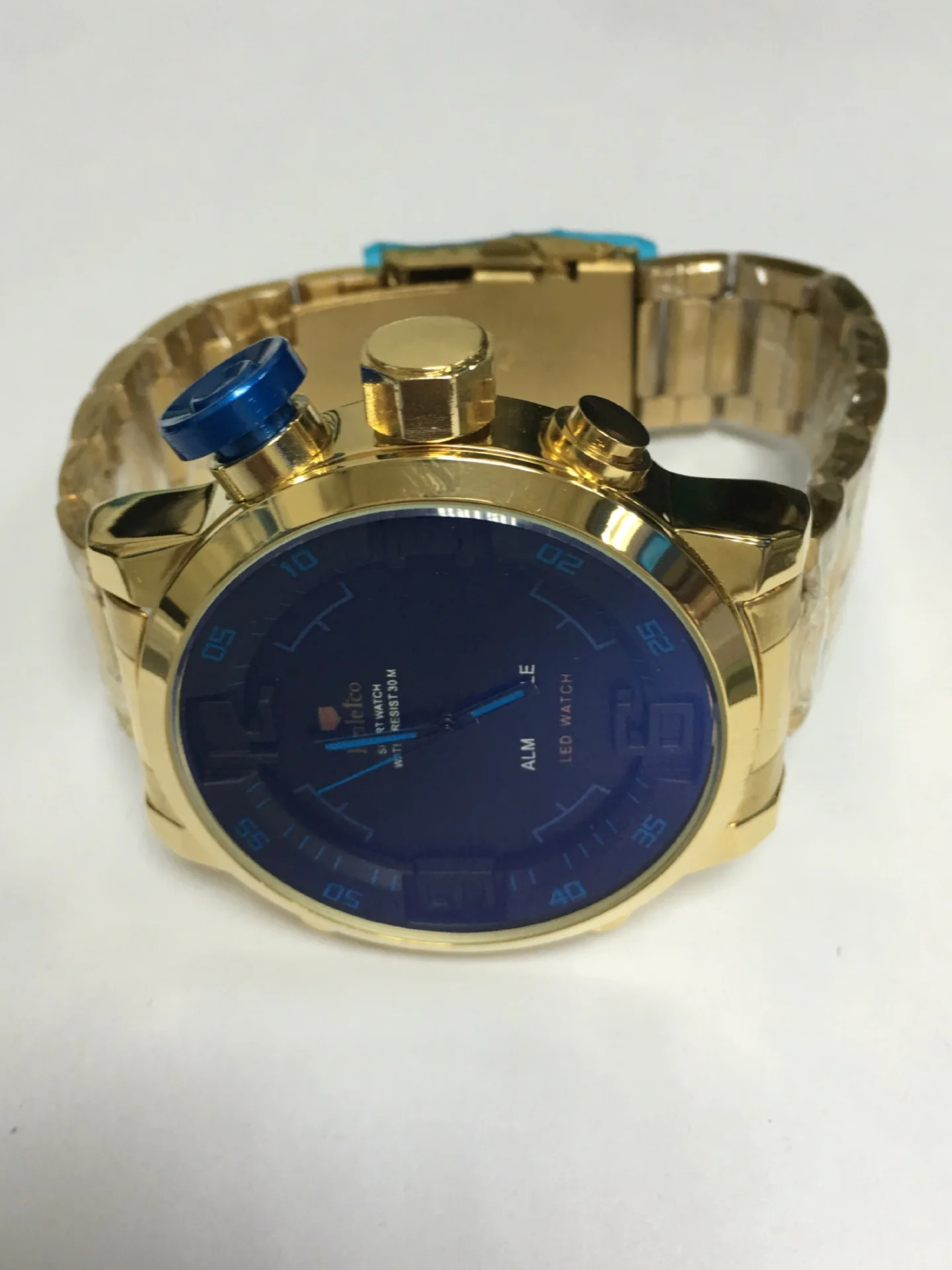 

Kaletco Multi-functional Date Seconds Waterproof Back Lamp Night Light Hands Dual Display Sports Electronic Watch Gold-Tone