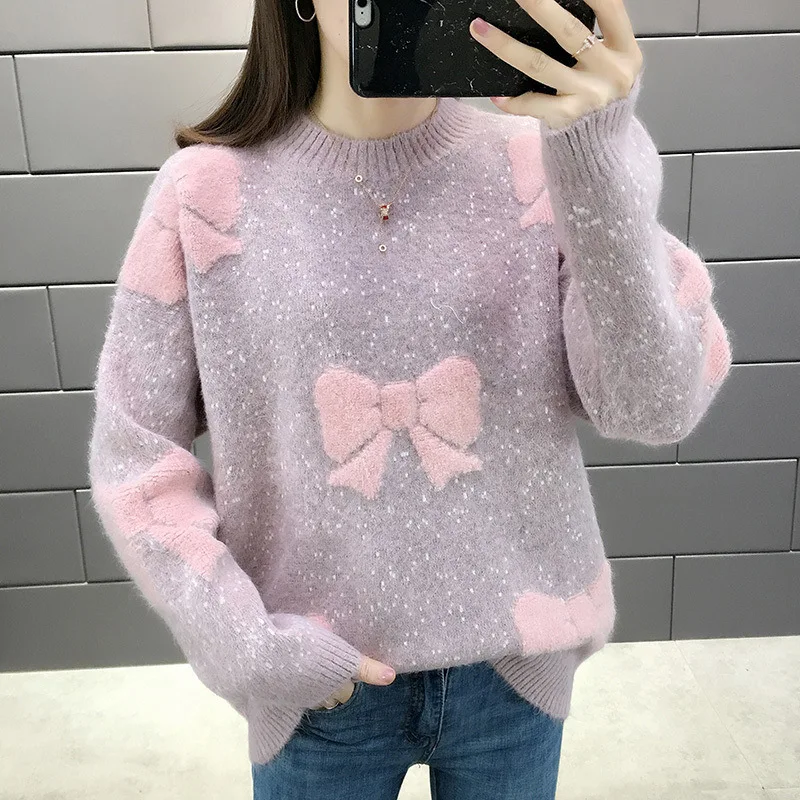 Neploe осенне-зимний свитер с круглым вырезом в Корейском стиле, свободный свитер, элегантный лоскутный бант, Женский обтягивающий пуловер трикотажный джемпер Mujer - Цвет: pink