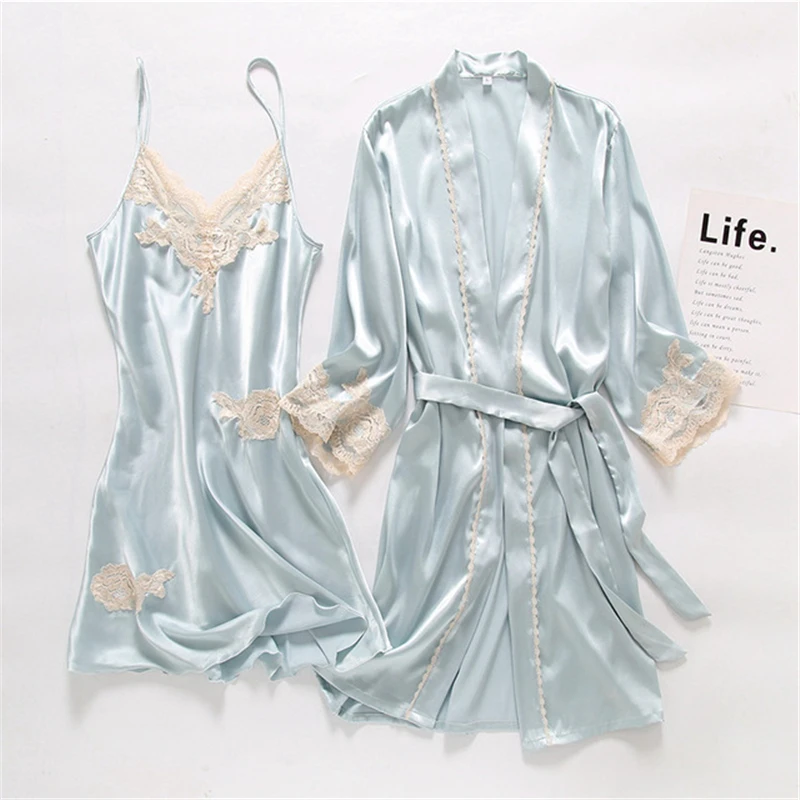 

Women's Sleep Ice silk nightgown nightdress set two-piece sexy lace V-neck nightdress comfortable and breathable Homewear SP0007