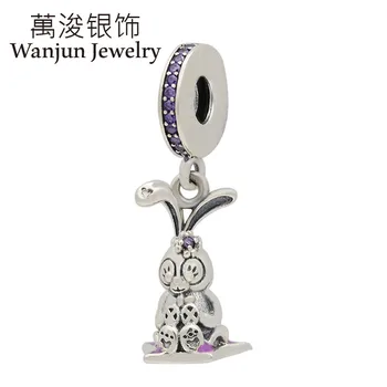 

Wanjun Jewelry 925 Silver Charms Bracelets zircon Set Cute White Rabbit Necklace DIY Pendants
