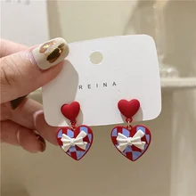 

Korean fashion women's earrings S925 silver needle love plaid earrings cute sweet bow pendant earrings christmas accessories