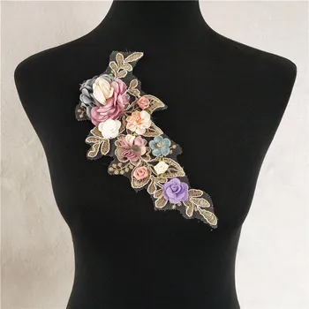 

3D rose flower Laces collar Embroidery Rhinestone top lace and ornament sewing Application Lace fabric Dresses accessories