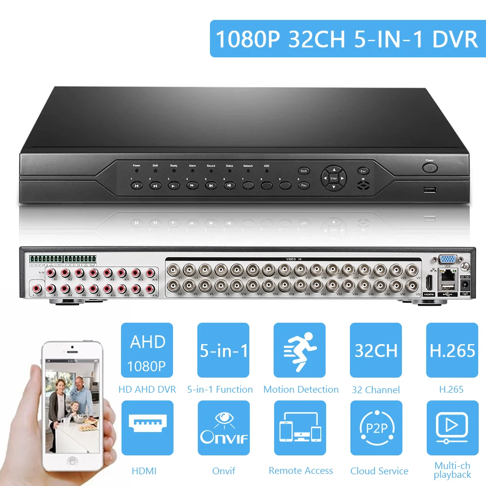 32CH DVR Hybrid 5-в-1 CVI TVI/CVBS/ AHD/IP безопаностью цифрового видео Регистраторы легко