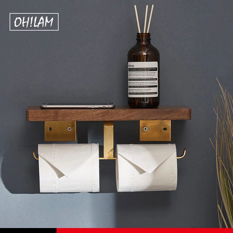 

Toilet Paper Holder With Shelf Double Toilet Roll Holder Wall Mount Paper Hanger With Mobile Phone Storage Black Walnut Wood