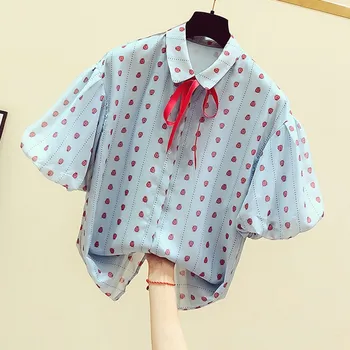 

Lantern Sleeved Polka Dot Women Shirts 2020 Summer New Bow Neck Loose Blue Casual All Match Lady Shirts Outwear Coat Tops