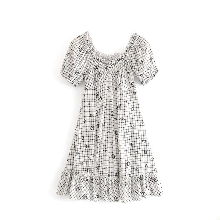 

Summer 2019 New French Retro Girl Chequered Flower Printed Chequered Ear Slim Dress