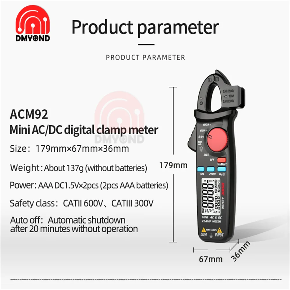 Digital Clamp Meter ACM92 DC AC Current 100A 0.1/1mA Ammeter Multimeter Tool 