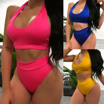 

New Hot Women Beach Style Solid Sleeveless Bandage Push-up Triangle Swimwear Bathing Padded Bra Bikini Set Swimsuit