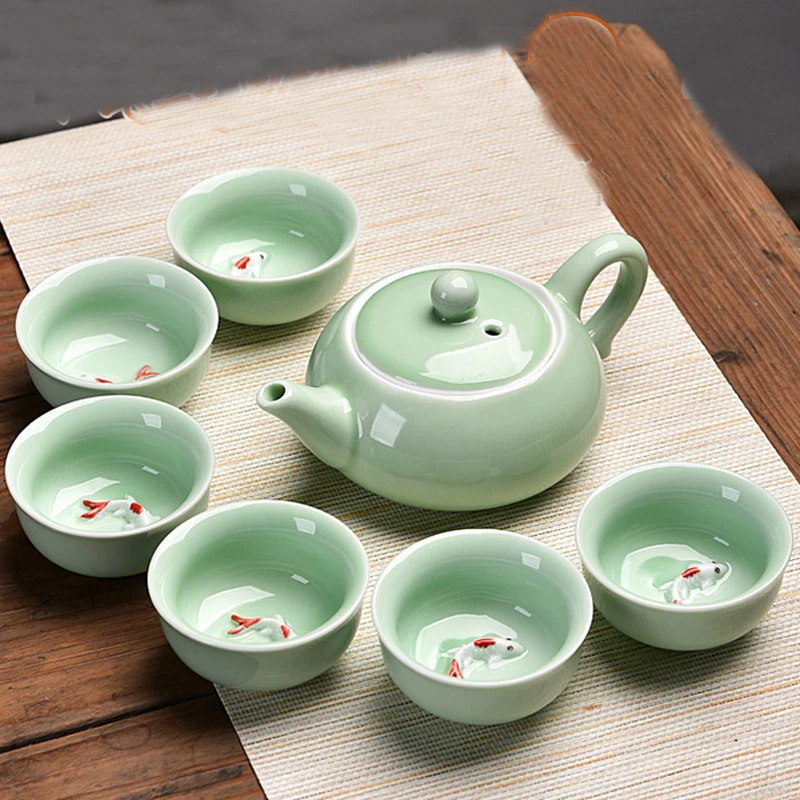 Porcelain Chineseceladon Fish Teacup Set Teapot Drinkware Ceramic Cup Tea Set