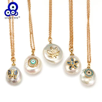

Lucky Eye Irregular Pearl Pendant Necklaces Golden Chain Hamsa Hand Butterfly Evil Eye Charm Necklace for Women Female EY6460
