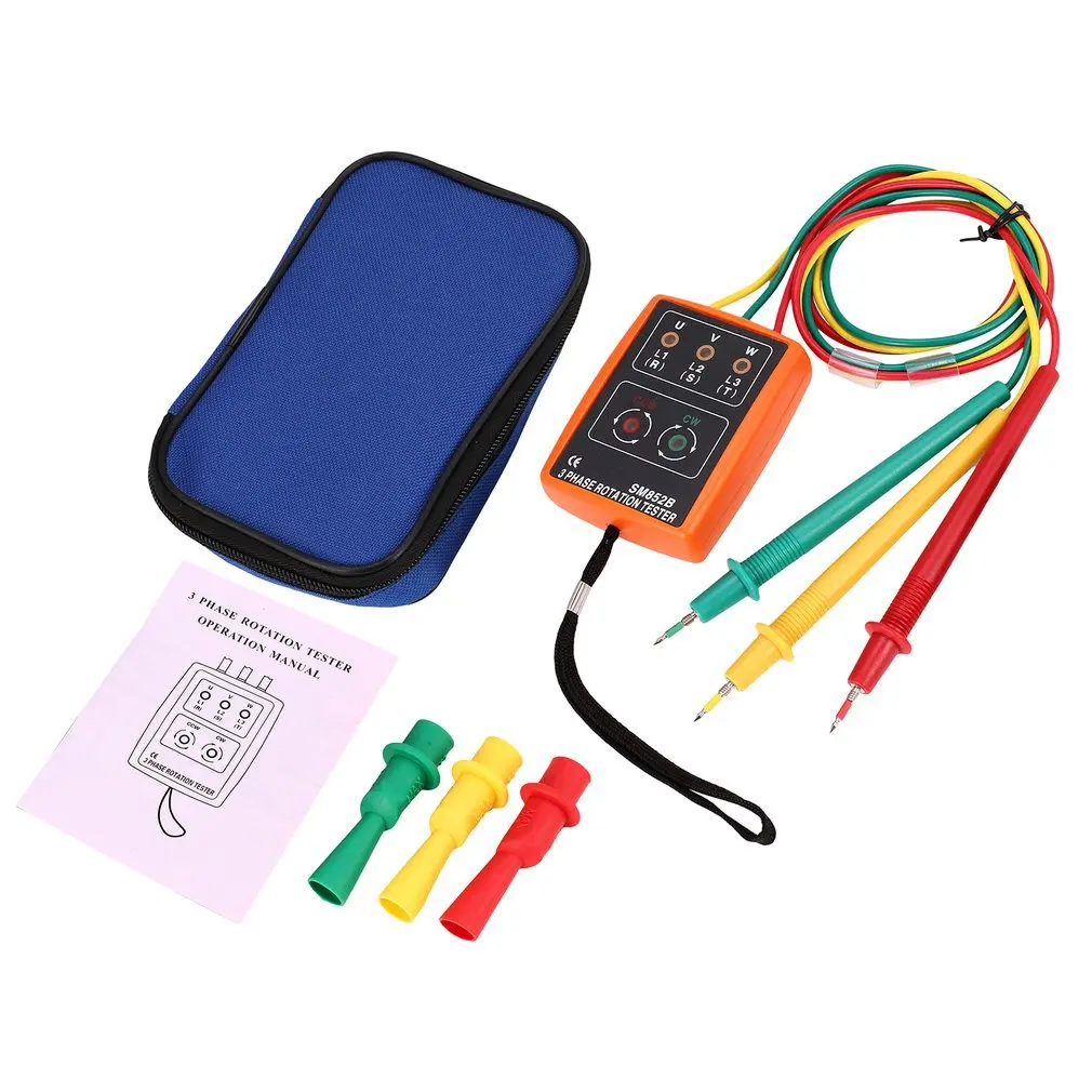 

SM852B 3 Phase Rotation Tester Digital Phase Indicator Detector LED Buzzer Phase Sequence Meter Voltage Tester 60V~600V AC