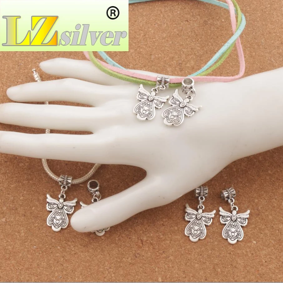 Heart Guardian Angel Charm Beads 34.9x18.1mm 60pcs Zinc Alloy Dangle Fit European Bracelets Jewelry DIY B209