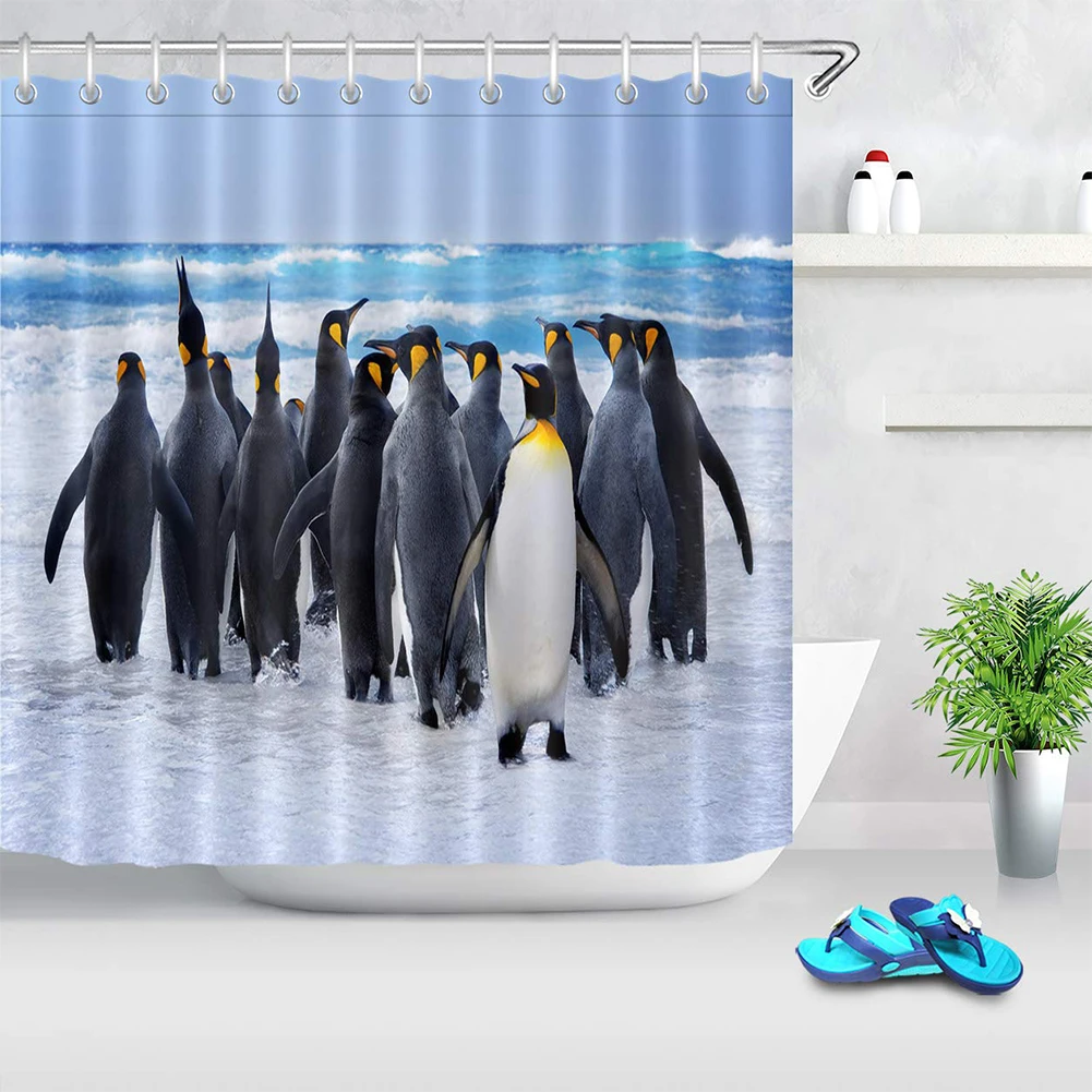 Practical With Hooks Shower Curtain Easy Install Bathroom Penguin Printed Soft Quick Dry Decorative Waterproof Mildew Resistant