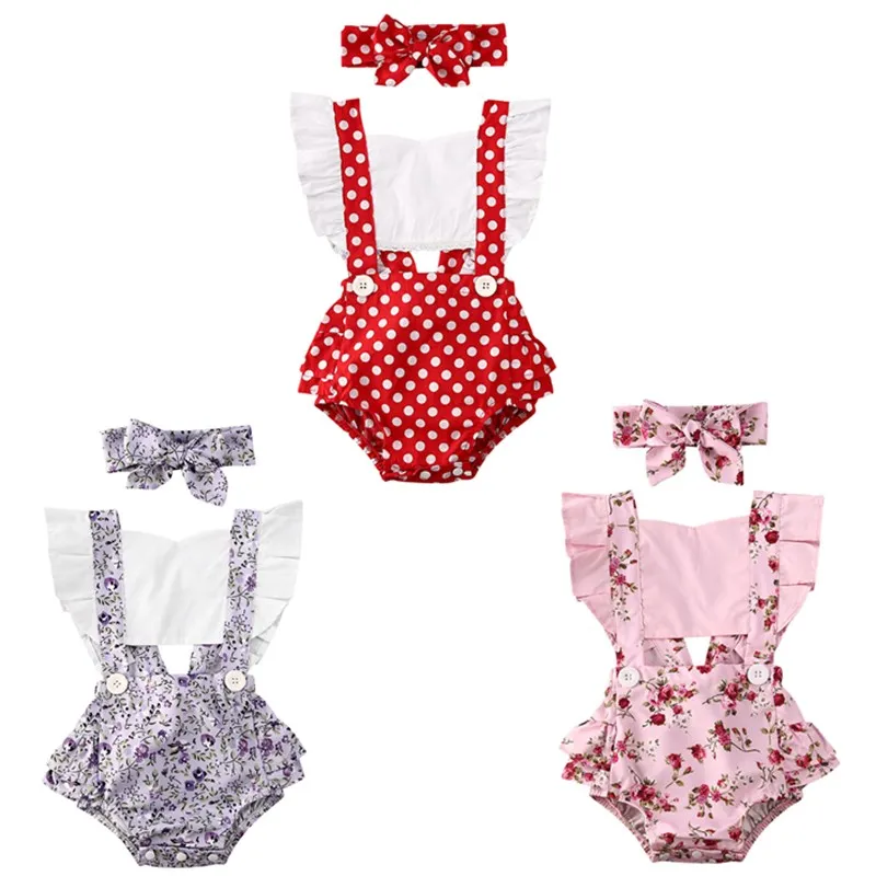 0-24M Newborn Baby Summer Clothing Infant Girl Romper Ruffled Hollow Out Jumpsuits Sleeveless Polka Dot Sunsuit |