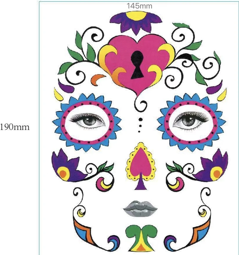 Mexica Day of the Dead Sugar Skull Face временная татуировка Хэллоуин Макияж наклейки для Хэллоуина Маскарад Вечерние - Цвет: 145x190mm 15