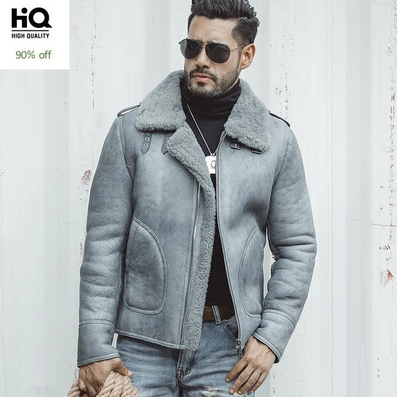 

Luxury Mens 100% Natural Shearling Overcoat Genuine Leather Jacket Thick Warm Sheepskin Real Fur Lining Coat Slim Fit Jackets