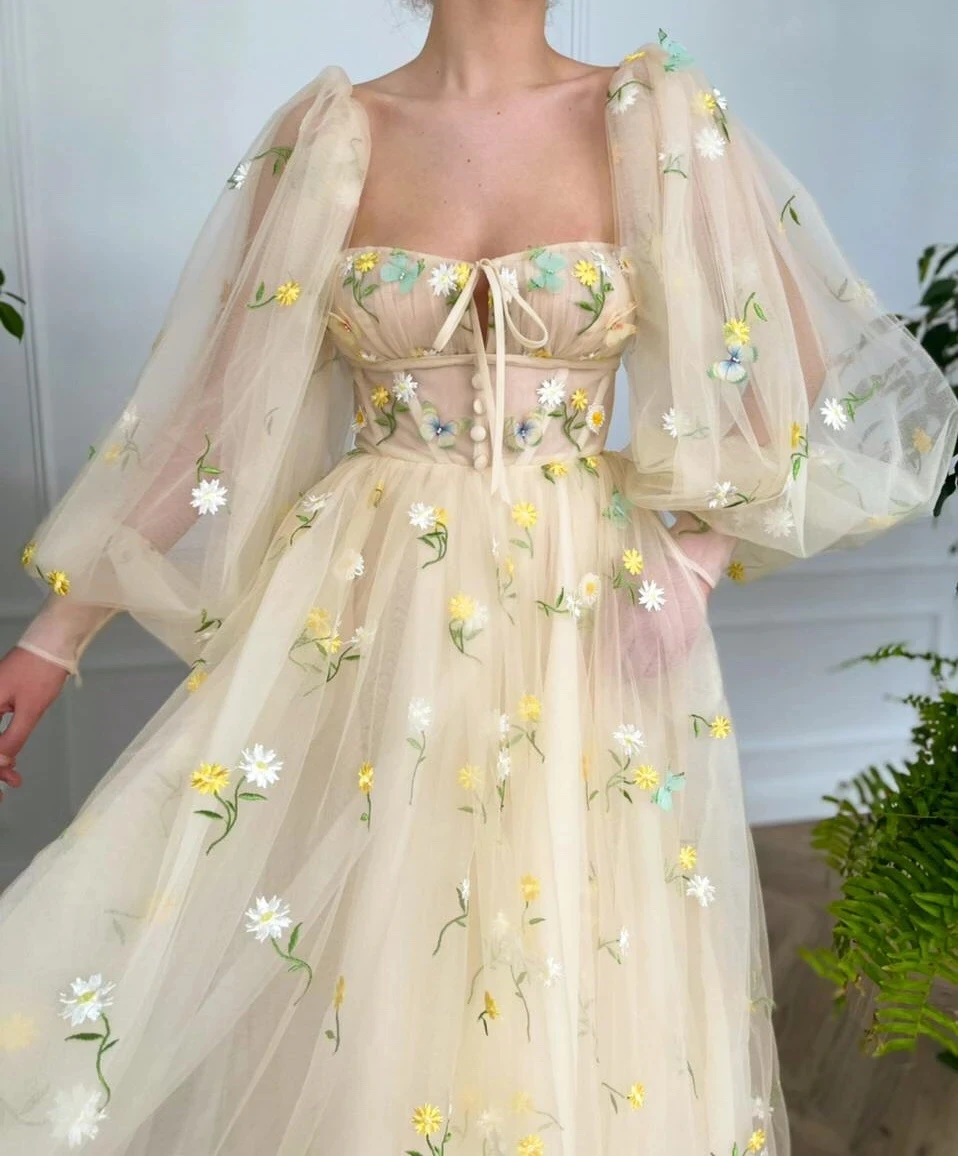 LORIE Square Neck Prom Dresses Long Puff Sleeves Embroidery Tulle Prom Gowns A-Line Ankle-Length Wedding Party Dresses