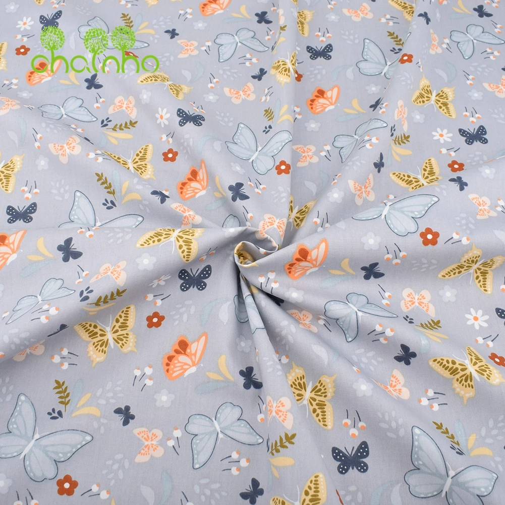 Chainho,Printed Twill Cotton Fabric,Gray Floral Series,Patchwork Cloth For DIY Sewing Quilting Baby &Children's Bedding Material