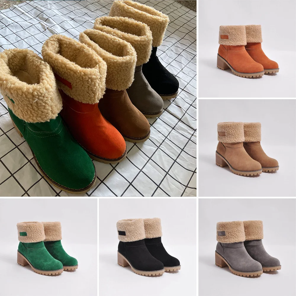 2021 Vrouwen Winter Sneeuw Warme Laarzen 5Cm Hoge Hakken Schapen Bont Vilt  Rusland Laarzen Blok Lage Hakken Pluche Enkel booties Chunky Schoenen|Enkellaars|  - AliExpress