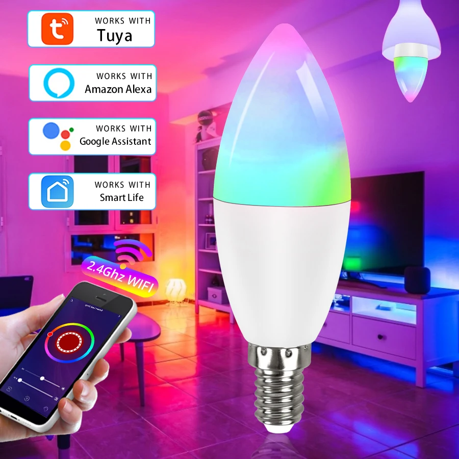 Tanie Wifi inteligentna żarówka led E14 lampa świeca RGB + CW sklep