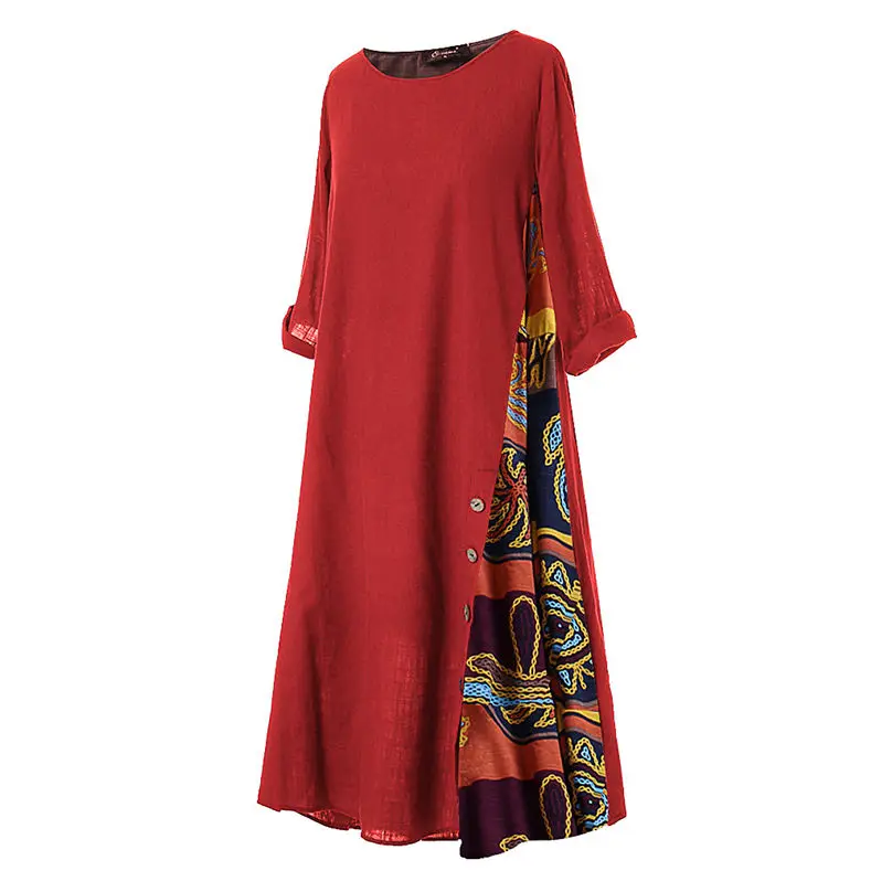 New Fashion Women Cotton Linen Dress Autumn Casual Patchwork 34 Sleeves O-Neck Button Plus Size Long Dress Women clothing 3A14 (11)