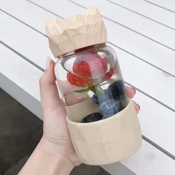 

Cute Bottle Transparent Glass Water Bottle Student Camping Bottle Portable Couples Leak-proof Fruit Lemon Juice Drinking Bottle