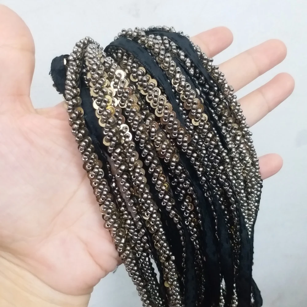 1yard black sequins beaded fringe trim for clothes bags Handmade beading appliques patch diy sewing accessories