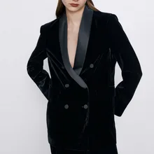 Женский блейзер, осень, новинка, модное черное бархатное двубортное пальто, современная Женская Повседневная Верхняя одежда