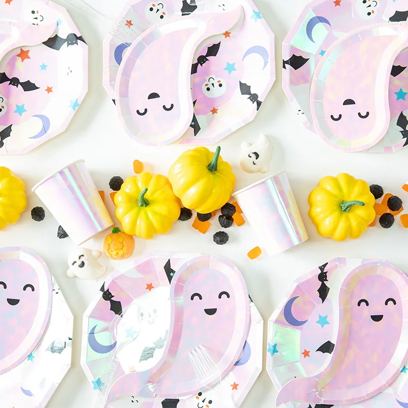 40pcs/set Halloween Party Paper Plate Disposable Cute Ghost Paper Dishes Kids Theme Party Supplies Home Decor Creative Tableware