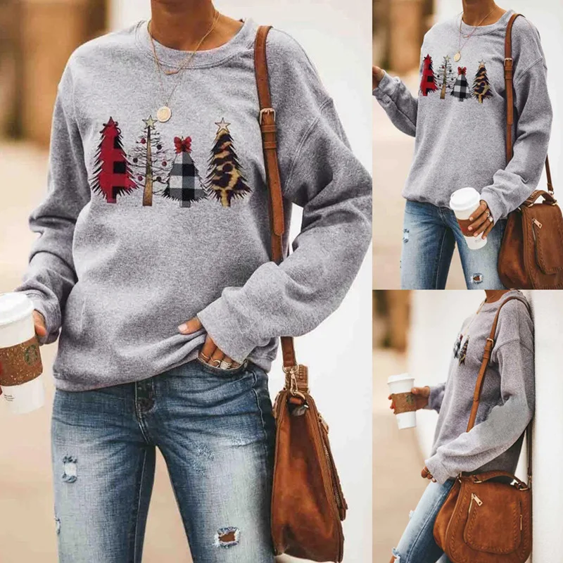 Pullovers harajuku hoodie fleece leopard Christmas tree pattern printing round collar Sweatshirt Female CAN0002 | Женская одежда